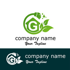 Initial G Letter with leaves and broom for cleaning, maintenance service modern logo idea