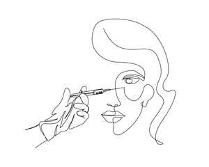 Continuous one line drawing of hand holding syringe -lips injection. Beauty surgery concept line art vector illustration. Editable stroke.