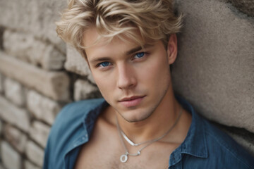 Young Man Leaning Against Brick Wall. Generative AI.