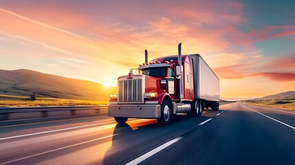 truck on highway, a semi truck driving down a road at sunset or dawn with a trailer truck behind it on a highway