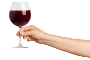 A woman's hand holds. Glass with red wine. On a blank background
