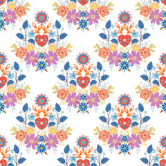 Valentine heart botanical seamless pattern inspired by traditional folk art embroidery designs textile or farbic print ornament.