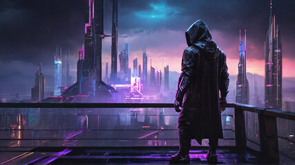 Obraz premium A futuristic cyberpunk cityscape, a hooded hacker standing on a rooftop overlooking the neon-lit skyline