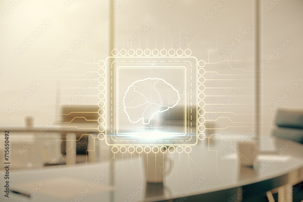 Aufkleber virtual creative artificial intelligence hologram with human brain sketch on a modern coworking room