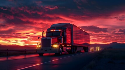 truck at sunset, a semi truck driving down a road at sunset or dawn with a trailer truck behind it on a highway