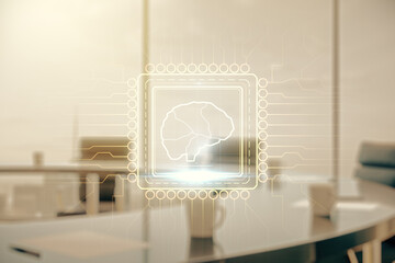 Virtual creative artificial Intelligence hologram with human brain sketch on a modern coworking room background. Double exposure
