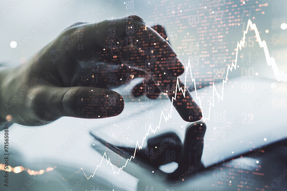Poster Multi exposure of abstract creative financial chart with world map and with finger presses on a digital tablet on background, research and analytics concept
