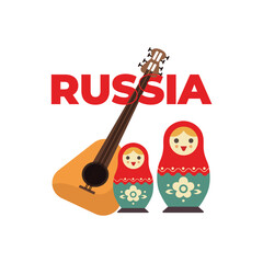 illustration of 2 icon things of russia; Matryoshka Doll and Balalaika
