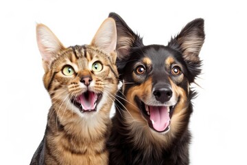 Fototapeta premium Joyful Dog And Cat Together, Standing On A Clear Background Standard. Сoncept Pet Portraits, Harmony Between Species, Adorable Duo, Whiskers And Paws, Unbreakable Friendship