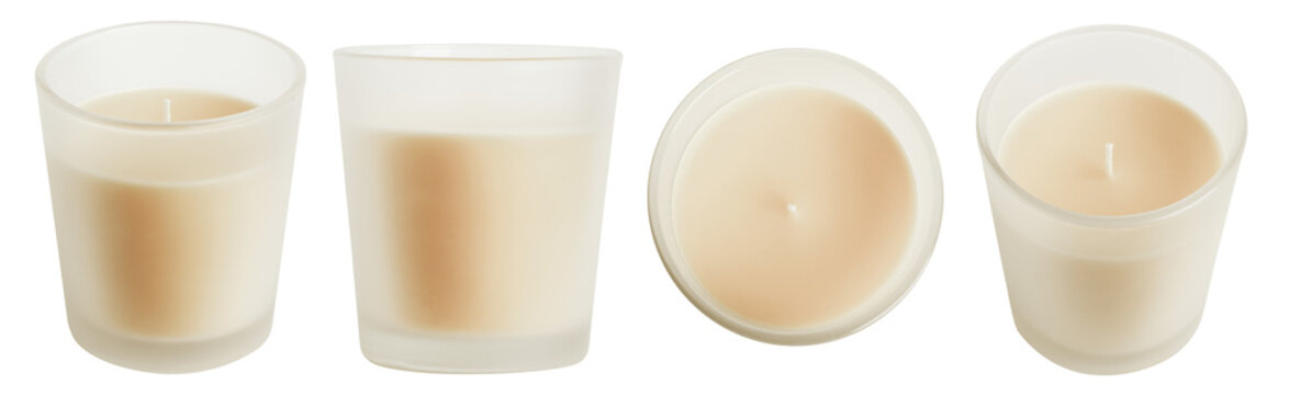 a set of white, light candles in a frosted glass with the aroma of vanilla, cotton or freshness and comfort. On a blank background