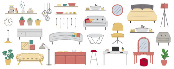 apartment, app, armchair, bathtub, bed, bedroom, bedside table, business, cabinet, cartoon, chair, collection, comfort, comfortable, computer, concept, contour, couch, curbstone, decor, decoration, de