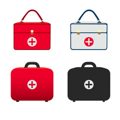 A set of red doctor's bags, in the form of a briefcase or suitcase. Red, white and black colors. Attribute of a medical worker. Vector illustration.