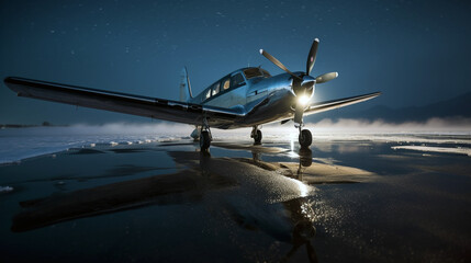 A Beechcraft Baron G 58 poised on a glistening icy runway, its sleek frame reflecting the cold light 
