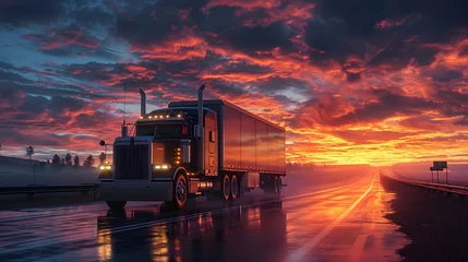 Fotobehang a semi truck driving down a road at sunset or dawn with a trailer truck behind it on a highway © @ArtUmbre