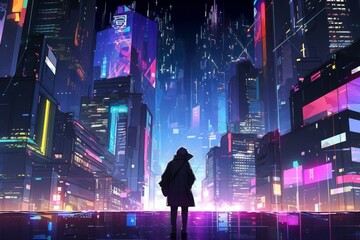 Solitary Figure Navigating A Futuristic Cyberpunk Metropolis Adorned With Glowing Skyscrapers. Сoncept Cyberpunk Metropolis, Futuristic Cityscape, Glowing Skyscrapers, Solitary Figure