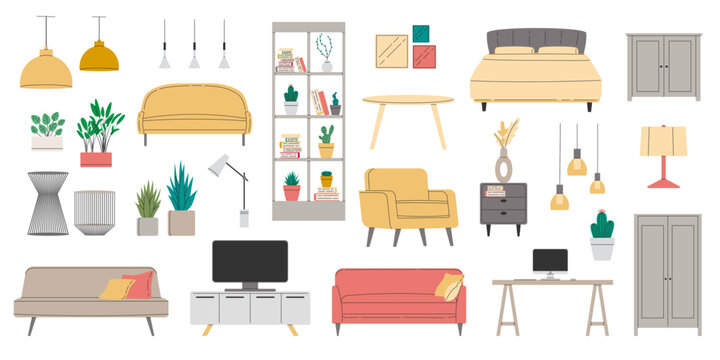 Set of furniture for modern home interior design. Collection trendy house decor, sofa, chair, armchair, bed, bedside table, table in flat style. Apartment room items. Vector illustration