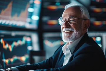 Fototapeta premium Older Male Investor with Screens Displaying Financial Data