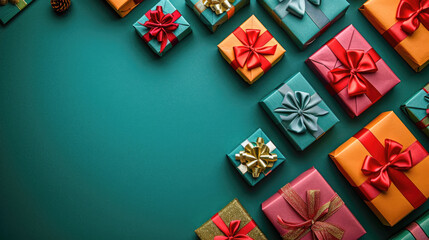 card with random colors gift boxes on green background arranged in a flat lay top view and text space --ar 16:9 --style raw --stylize 250 --v 6 Job ID: 57dad838-896a-4c42-92f5-d5cce7258f4f