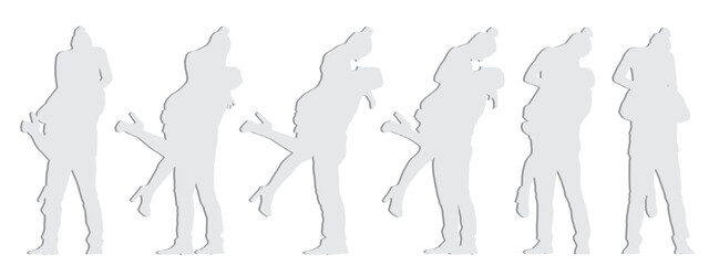 Vector concept conceptual gray paper cut silhouette of a couple embracing from different perspectives isolated on white background. A metaphor for love, happiness, relationship, marriage and lifestyle