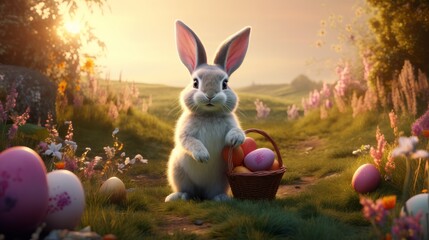 Easter bunny with a basket of colorful eggs in the garden at sunset. - obrazy, fototapety, plakaty