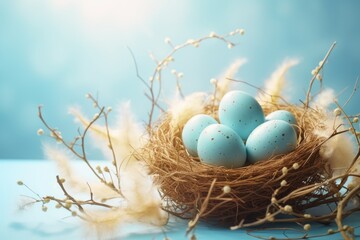 Easter card. Blue speckled eggs in a nest on a blue background.