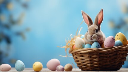 Easter bunny in a basket with painted eggs on a blue background. Postcard, banner for the bright Easter holiday. Copy space