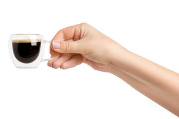 A woman's hand holds a transparent cup with double glass and coffee on a blank background.