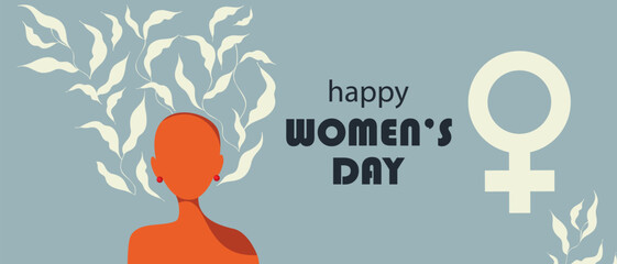 Woman with leaves in her hair. Happy International Women's Day. Background for March 8th. Vector illustration.	