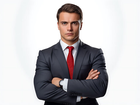 A businessman in a black suit and red tie looks at the camera with a serious gaze. Isolated on a white background. Created with Generative AI.