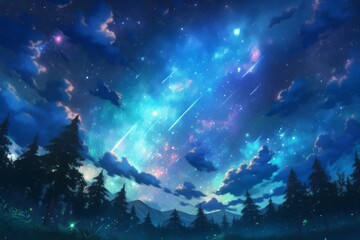Starry Night With Animestyle Clouds Enhancing The Beauty Of Nature. Сoncept Cosmic Landscapes, Dreamy Nightscapes, Anime-Inspired Skies, Nature's Celestial Beauty, Heavenly Clouds