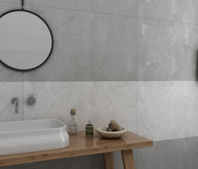 Bright bathroom interior with white and grey marble wall, hanging stamp. 3D Rendering