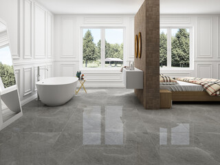 Minimalism modern interior Scandinavian design. Bedroom with stucco wall mock up. Panoramic windows with nature view. 3D Rendering illustration