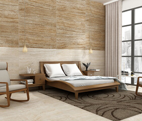 Luxury bedroom interior with beige marble floor, comfy wooden bed, brown rug, wooden furniture. 3D Rendering