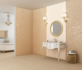 Interior of this luxurious bathroom features beige marble on the walls and floors, a white bathtub with a golden plate coating, a white basin, wooden furniture, and a window. 3D Rendering