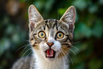 Startled Cat With Wide Open Mouth And Yellow Eyes, Looking Directly At Camera. Сoncept Spooky Halloween Decorations, Scary Costume Ideas, Haunted House Inspiration, Pumpkin Carving Tips