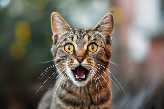 Captivating Image Of A Surprised Cat, Mouth Agape And Eyes Piercing Into The Camera. Сoncept Surprise Kitty, Feline Expression, Intense Cat Eyes, Startled Pet