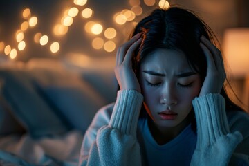 Struggling With Stress, Insomnia, And Migraines In A Normal Home Setting. Сoncept Stress Management Techniques, Improving Sleep Quality, Natural Remedies For Migraines - obrazy, fototapety, plakaty