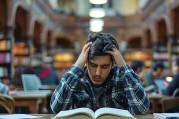 A Young Student Overwhelmed By College Life Struggles With Mental Health Challenges. Сoncept Mental Health Struggles, College Life, Overwhelmed Student, Coping With Stress, Seeking Support - obrazy, fototapety, plakaty