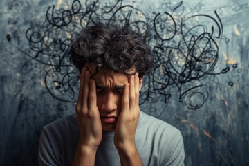 The Mental Health Battle: A Stressed Young Man Overwhelmed By Chaotic Thoughts. Сoncept Mindfulness Techniques, Coping Strategies, Seeking Therapy, Supportive Communities, Self-Care Rituals