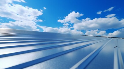 Metal sheet roof and slope with clouds and blue sky background.Generative AI