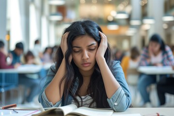 Stressed Student In A Bustling College Setting, Grappling With Mental Health Issues Standard. Сoncept Stressed Student, Bustling College, Mental Health Issues, Coping Strategies, Academic Pressure