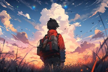 Technologically-Inclined Anime Boy Takes In The Vast Field, Staring Skyward With Style. Сoncept Anime Art, Technological Theme, Vast Field, Skyward Stare, Stylish Pose - obrazy, fototapety, plakaty
