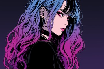 Stylish Gothic Anime Woman With Neoncolored Hair In A Mangastyle Vector - obrazy, fototapety, plakaty