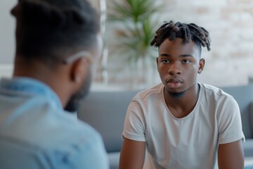 Supportive Psychotherapy Session For Troubled Black Teenager With Empathetic Counselor Standard. Сoncept Mental Health Awareness, Adolescent Empowerment, Cultural Sensitivity, Therapeutic Techniques - obrazy, fototapety, plakaty