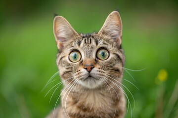 Naklejka na ściany i meble Surprised Cat With Big Eyes, Adorably Funny, Against A Green Backdrop. Сoncept Cute Animal Videos, Diy Projects, Beautiful Sunsets