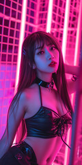 Very Attractive Woman Cosplay Anime Japanese Style In Neon Light Standard. Сoncept Cosplay, Anime-Inspired, Japanese-Style, Neon Lights, Attractive Woman