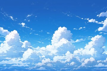 Vibrant Blue Sky Dotted With Fluffy Clouds, Rendered In Animecomic Style. Сoncept Anime-Inspired Sky, Fluffy Clouds, Vibrant Blue, Comic-Style Illustration