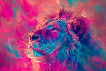 Captivating Lion Artwork: Playful Proportions And Enchanting, Otherworldly Colors. Сoncept Bold Abstract Paintings, Serene Landscape Photography, Whimsical Animal Sculptures