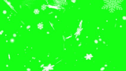 Magic snowflakes and snowfall over green screen background. Snowflakes and snow storm landscape. Snow sky white background.