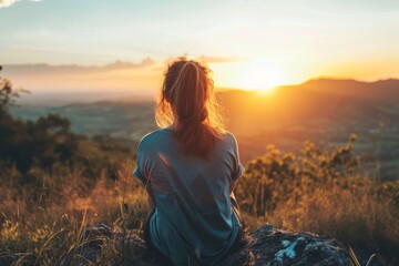 Woman Finding Peace And Clarity, Embracing Calmness Amidst Natures Beauty At Sunrise. Сoncept Meditation And Mindfulness, Inner Serenity, Connecting With Nature, Sunrise Reflections